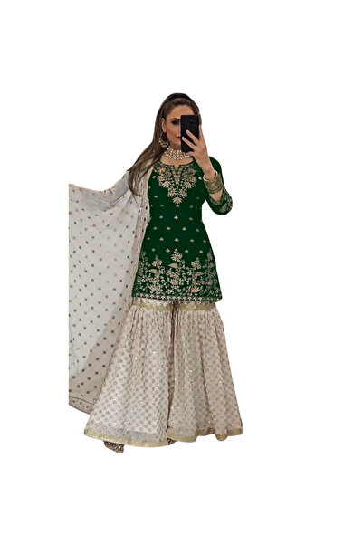 MYSMAR طقم أبيض من قماش جورجيت صناعي، بلوزة بالازو وشال - HRT4609 | أبيض