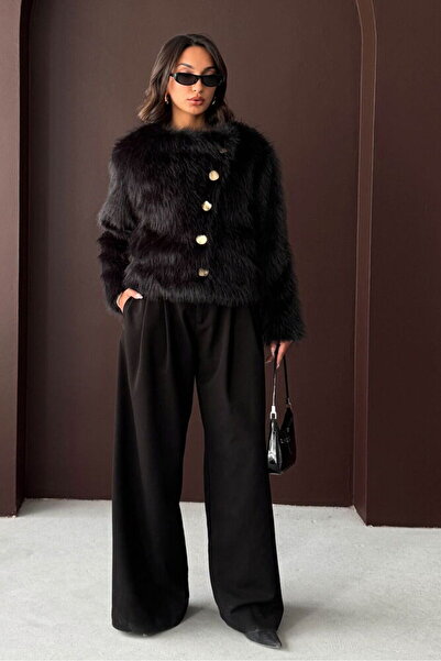 Caddebostan Moda Black Rabbit Fur Faux Fur Coat Modern Premium Luxury Trend Design Coat