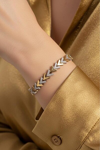 Valmont Accessories Zirkon Taşlı V Model Altın/Metalik Kadın Bileklik