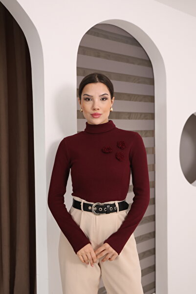 ESL ESLEM بلوزة حياكة مضلعة بأكمام طويلة وتفاصيل وردية على شكل ياقة صياد السمك