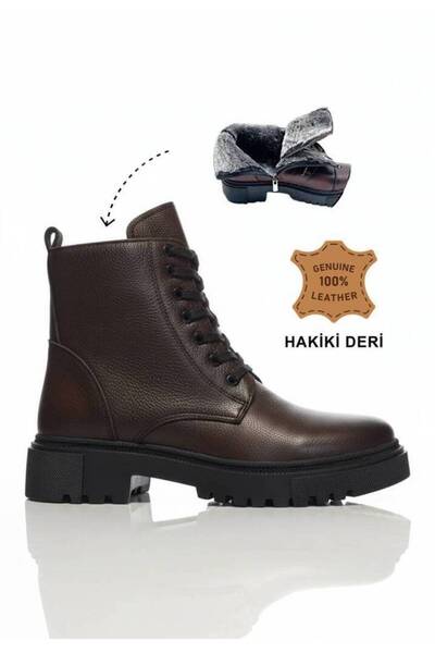 MAKRAS EXCLUSIVE Women's Genuine Leather Fur Boots Water Resistant