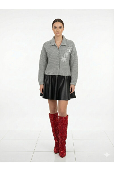 Daisy Gri El Örgüsü Hırka Simli Çiçekli Ceket