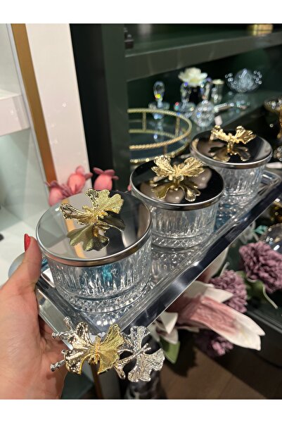 P&ORA PREMIUM KITCHEN PRODUCTS 3 LÜ METAL TEPSİLİ GOLD KELEBEKLİ İKRAMLİK, ÇEREZLİK, KAHVALTILIK