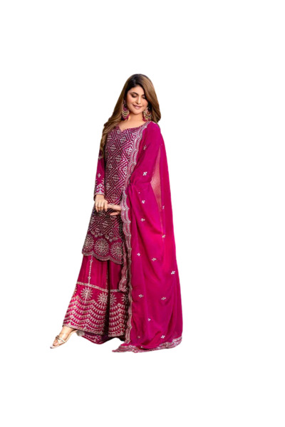 MYSMAR Pink Silk Kurti Pant & Dupatta - HRT1898 | Pink