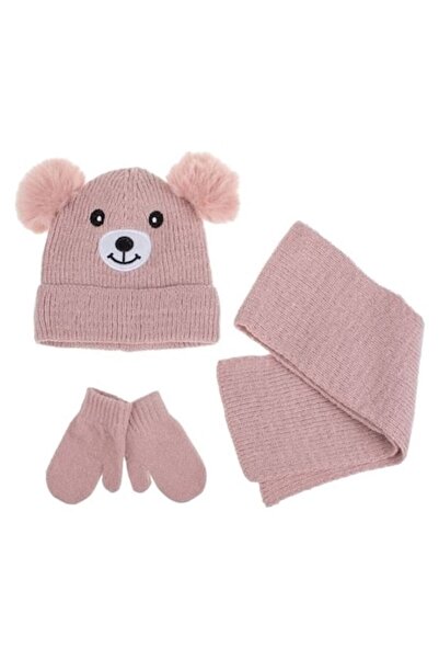 Welora Set căciulă, mănuși și eșarfă - model ursuleț, poliester, 9 luni+, roz