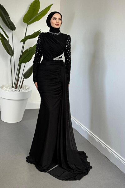 MERVEN AKYÜZ Elvira Taş Detaylı Tül Abiye Siyah