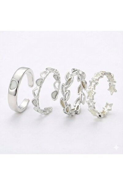 Silver Rhodium Coated Phosphor Ring Set – Leaf, Heart and Star Moon Design, Adjustable