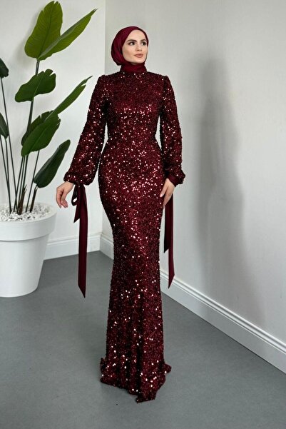 MERVEN AKYÜZ Moressa Pul Payet Balık Abiye Bordo