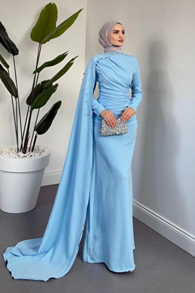 MERVEN AKYÜZ Feranya Yandan Taşlı Pelerinli Balık Abiye Bebe Mavisi