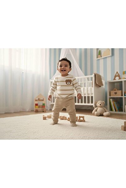 Luna Kids Store طقم بدلة رياضية للأولاد بتصميم دب مخطط باللون البيج