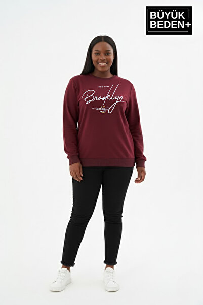 Superlife Women's Plus Size Handwritten Brooklyn Printed Crew Neck Thin Sweatshirt Spr26Bswk956-6