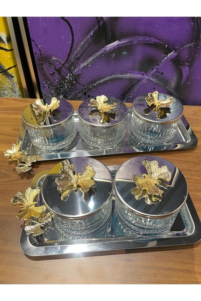 P&ORA PREMIUM KITCHEN PRODUCTS 5-Piece Metal Tray with Gold Butterfly Decoration, Snack Bowl, Breakfast Bowl