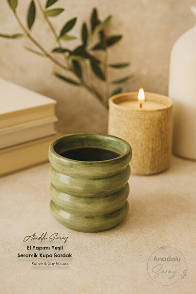 Anadolu Saray Handmade Green Ceramic Mug Cup Embossed Coffee & Tea Cup