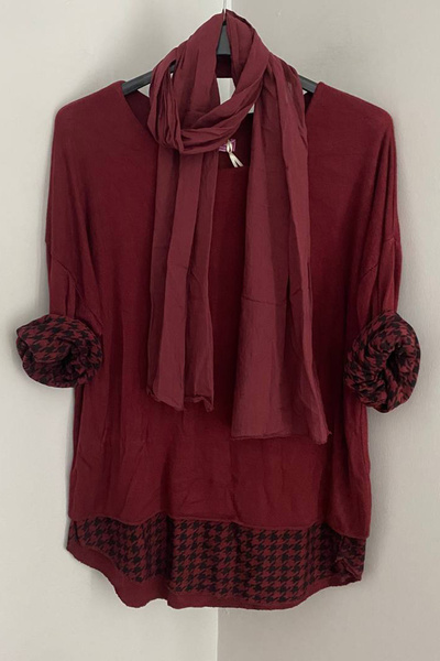 AYASOFYA OTANTIK Women's Italian Burgundy Round Neck Houndstooth Pattern Scarf-Lined Knitwear Blouse