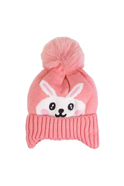 OEM Pink knitted bunny hat with pompom & fleece lining for babies 9 months
