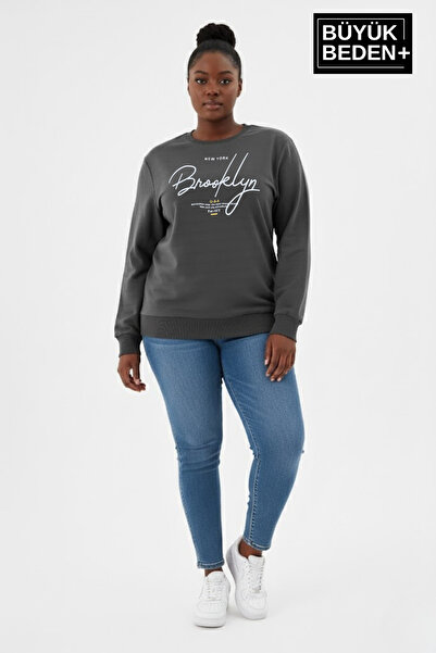 Superlife Women's Plus Size Handwritten Brooklyn Printed Crew Neck Thin Sweatshirt Spr26Bswk956-6