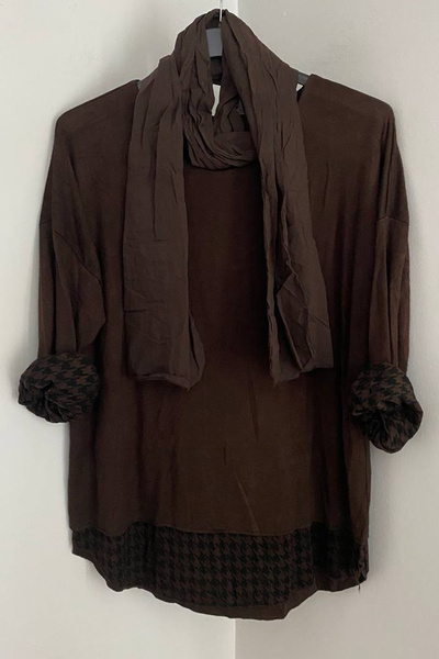 AYASOFYA OTANTIK Women's Italian Brown Round Neck Houndstooth Pattern Scarf-Lined Knitwear Blouse