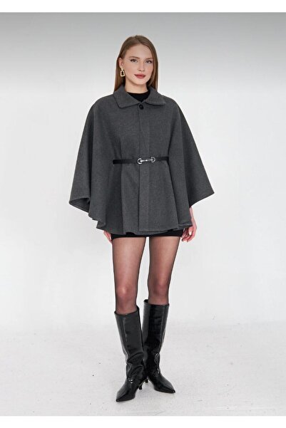 WODDİ Kadın Kemerli Kaşe Panço Gri