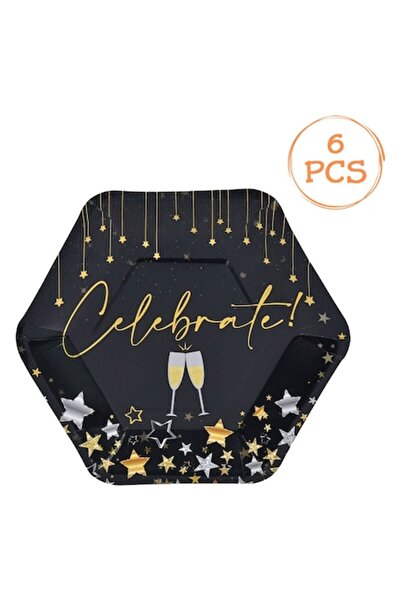 OEM Black Cardboard Party Plates with Gold Foil "Happy New Year" 18cm - 6 pcs