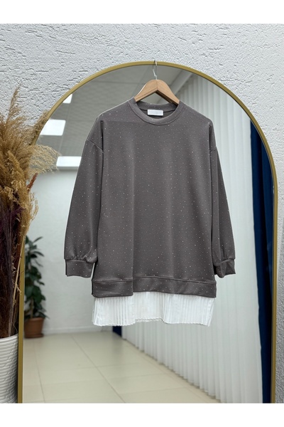 MİHRA STORE Albina Ful Taşlı Altı Piliseli Oversize Tunik-NA828 Vizon