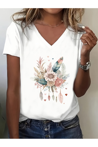 mercoledi Çiçek Baskılı Oversize V-Yaka T-shirt Salaş Boyfirend