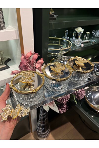 P&ORA PREMIUM KITCHEN PRODUCTS 3 LÜ METAL TEPSİLİ, GOLD TAŞLI KELEBEKLİ İKRAMLİK, ÇEREZLİK, KAHVALTILIK