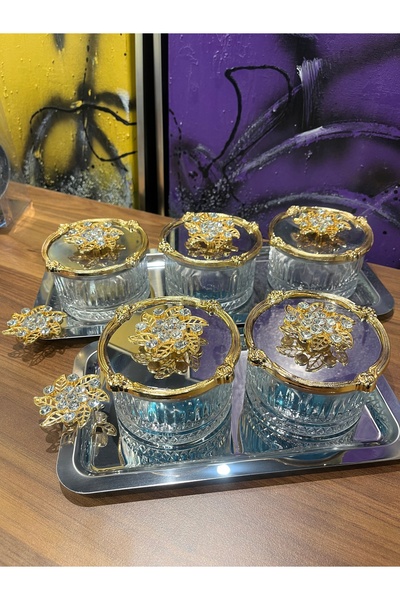 P&ORA PREMIUM KITCHEN PRODUCTS 5-Piece Metal Tray with Gold Brooch Detail, for Drinks, Snacks, Breakfast