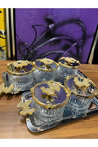 P&ORA PREMIUM KITCHEN PRODUCTS 5 Li METAL TEPSİLİ GOLD TAŞLI KELEBEKLİ İKRAMLİK, ÇEREZLİK, KAHVALTILIK