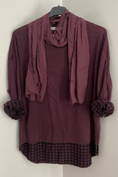 AYASOFYA OTANTIK Women's Italian Plum Round Neck Houndstooth Pattern Scarf-Lined Knitwear Blouse