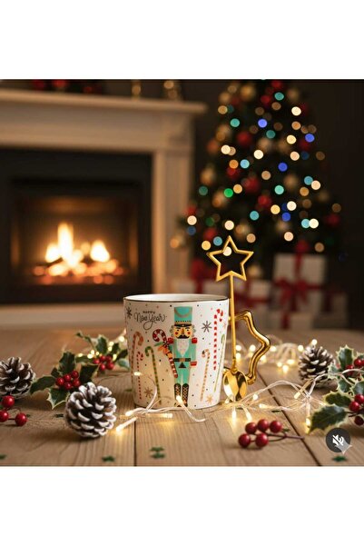 Tohana Yılbaşı Kutulu Altın Kaşıklı Porselen Kupa Kardan Adam 350 ml Yeni Yıl Hediyesi