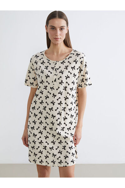 LC Waikiki Lcw Dream Beige Crew Neck Bow Patterned Maternity Nightgown