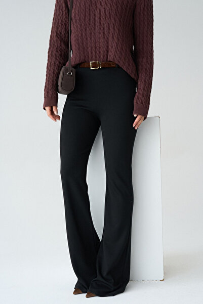 LOOSH Kadın Siyah Kemer Detaylı İspanyol Paça Tayt Pantolon