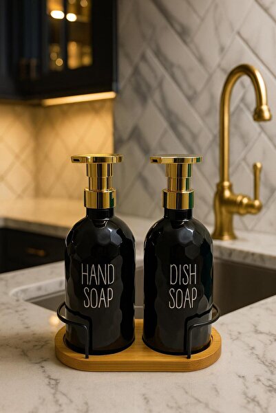 BUENOS 2`li Bambu Standlı Porselen Mutfak Sıvı Sabunluk