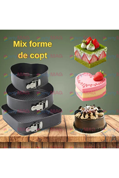 OEM Set of 3 Cake Pans – Round, Square and Heart Shapes with Removable Bottom, Non-stick