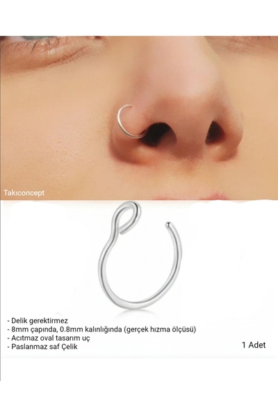 TakıConcept Deliksiz Çelik Sıkıştırmalı Halka Hızma Delik Gerektirmeyen Kulak, Burun Piercing (1 Adet)