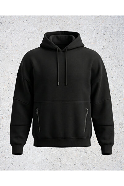 BREEZY Erkek Oversize Yan Cepli Fermuarlı Sweatshirt 3 İplik Şardonlu