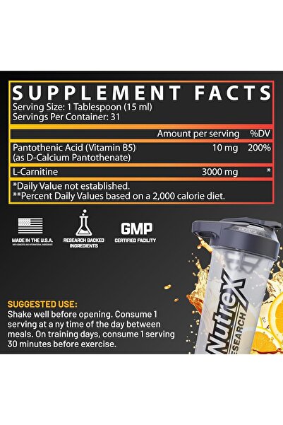 Nutrex Research Liquid Carnitine 3000mg Premium Liquid Carnitine, Fat Loss Support Orange Mango (465ml, 31 serving)