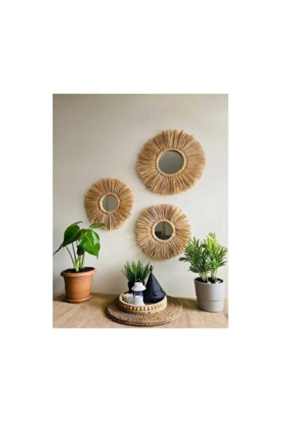 SELDA ALMİRA DÜNYAM Üçlü Aynalı Rafya Duvar Dekor Süsü