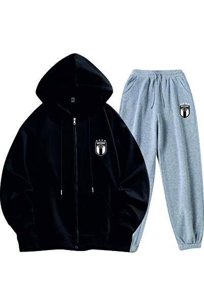 HOFFNUNG Casual Hooded Top and Sweatpants Set - Solid Color Logo Full Zip