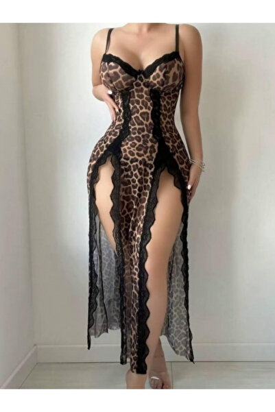 Gawzera Leopard Print Slit Lace Detailed Long Stylish Evening Dress