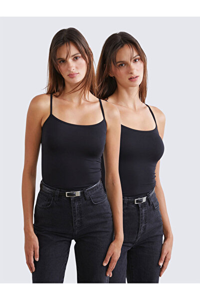 LC Waikiki Black Square Collar Rope Strap Women's Tank Top 2-Piece Set