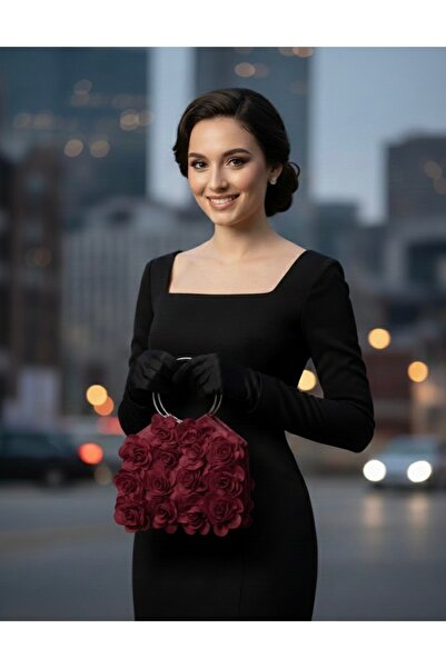 GUSTELLO Tasarım Kumaş Çiçek Çanta Gümüş Metal Sap Abiye Çanta