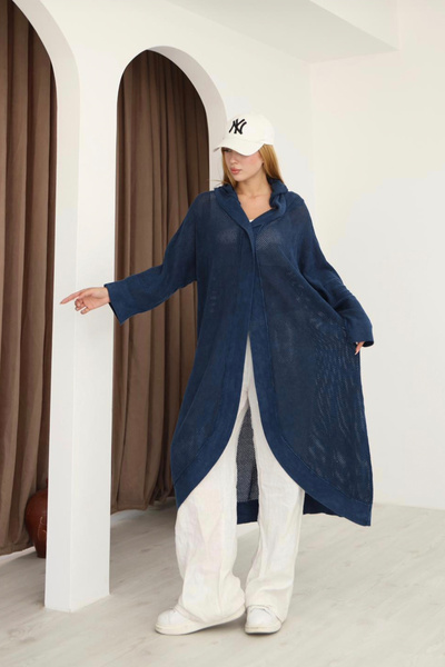 AYASOFYA OTANTIK Women's Unlined Navy Blue Hooded Shabby Detailed Loose Cotto...