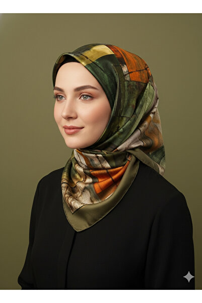 Levidor 90x90 İpek Görünümlü Yeşil - Turuncu Eşarp – Kaymayan Twill Şık Tasarım