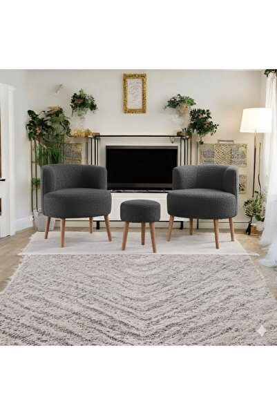 Yuems home Çay Seti (Antrasit renk) İkili Koltuk Berjer Ve Puf Takımı ( Balkon, Salon,Ofis) 3lü Takım