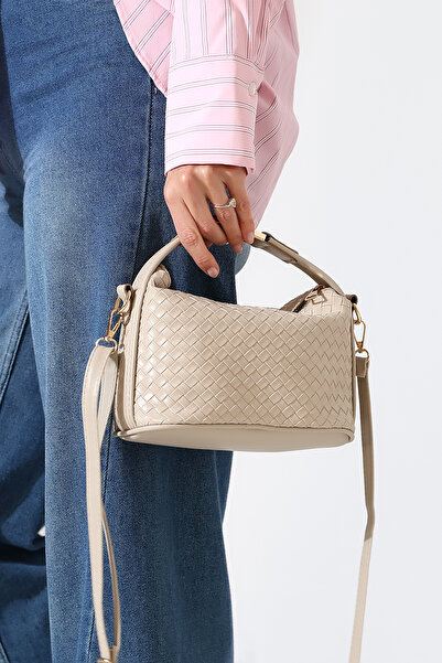 Encool Beige Women's Leather Knitted Patterned Small Shoulder and Hand Bag