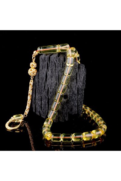 Tesbihsepetim سبحة بلون كهرماني شفاف، موديل أيديلست، مرصعة بحجر الزركون، مع شرابة فضية