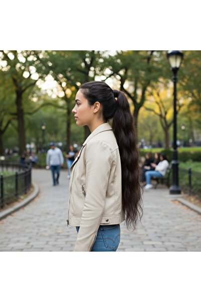 Zeysum Koyu Kumral Su Dalgalı Lastik Tokalı At Kuyruğu Saç Postiş 70 Cm 150 g...