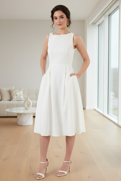 Lela Regular Fit Crew Neck Pleated Midi Length Evening Dress with Pockets Dress 6111963