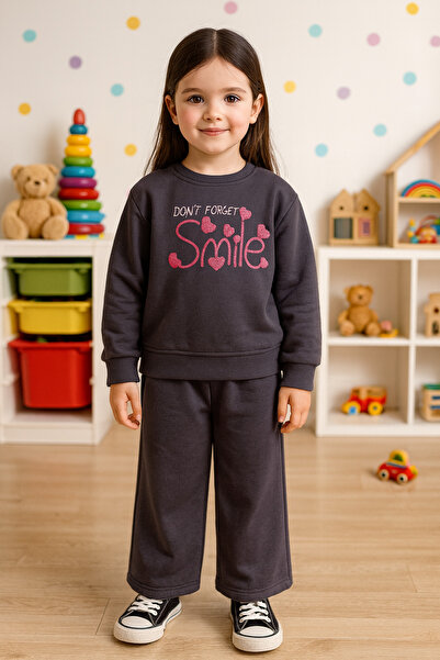 SANTRALBEBE طقم بناتي واسع الساقين موسمي مطرز بابتسامة